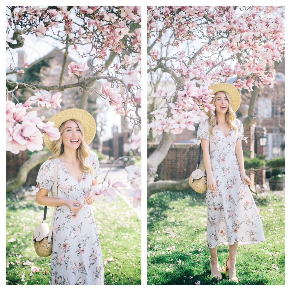 Zara Floral Midi Dress in Light Blue with Pink Floral Print